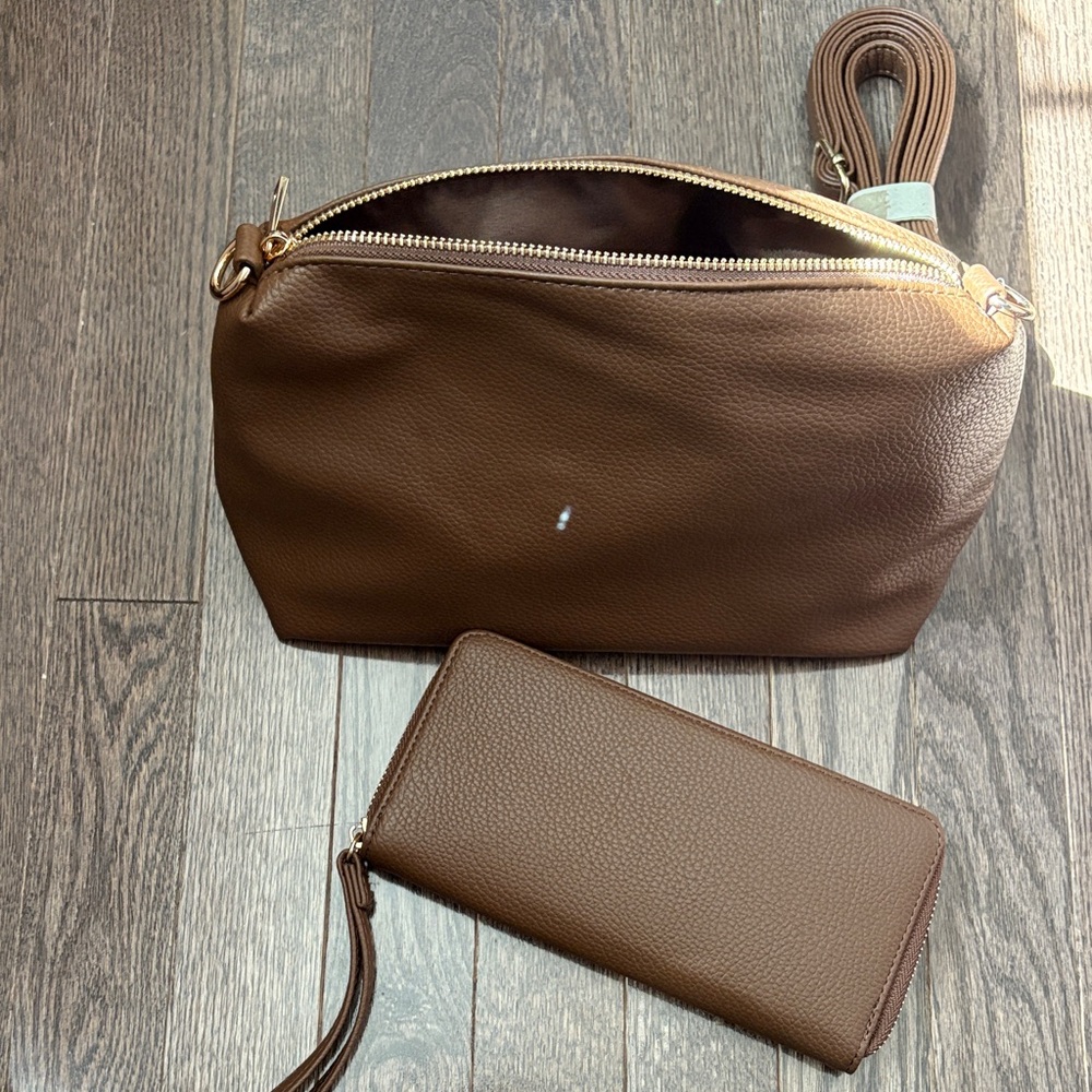 Elegant Brown Leather Clutch and Wristlet Set